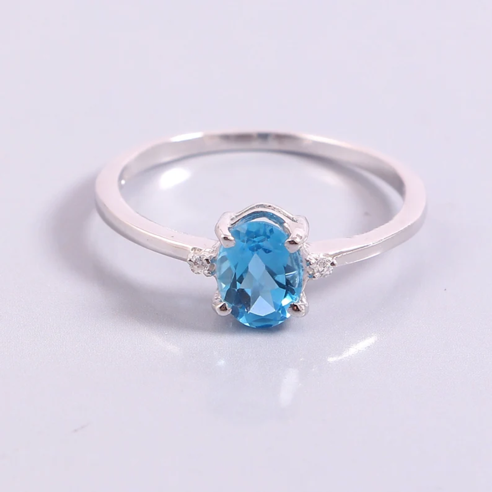 Natural Swiss Blue Topaz, Oval Shape, Sterling Silver Ring