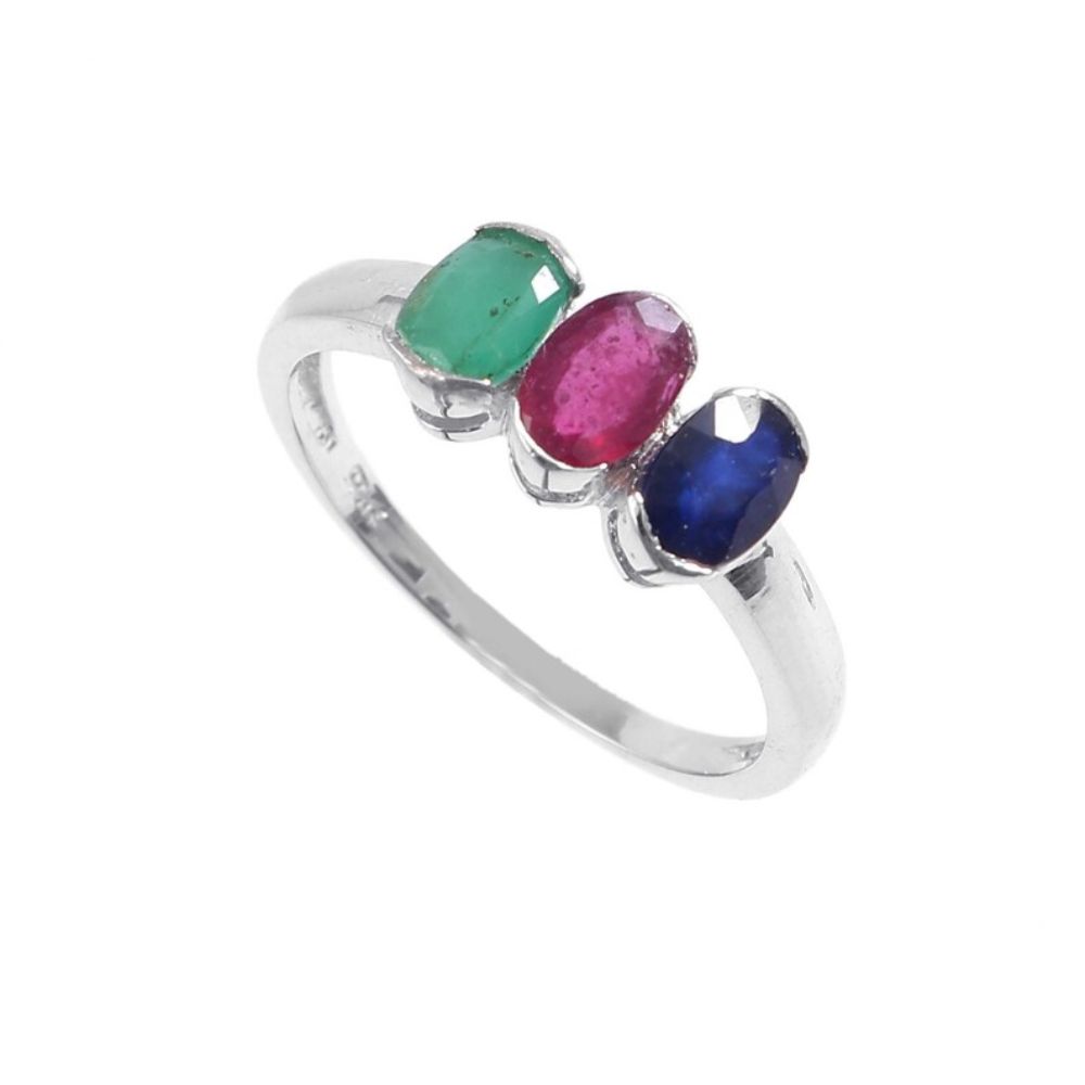 Precious Multi Gemstone (Emerald, Ruby, Blue Sapphire) Silver Ring, Oval Shape