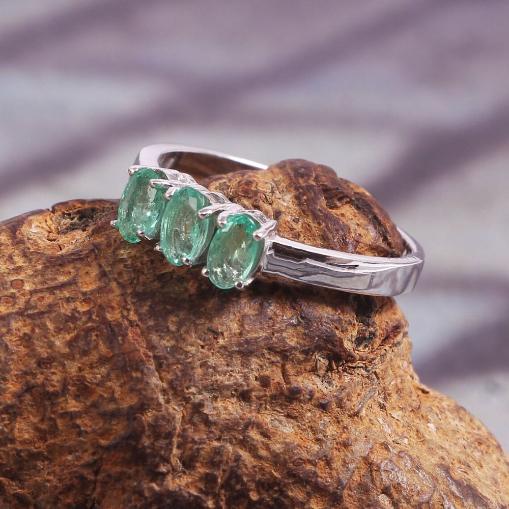 Natural Emerald, Gemstone Silver Ring, Oval Shape, 3 Piece, Sterling Silver Jewelry Ring