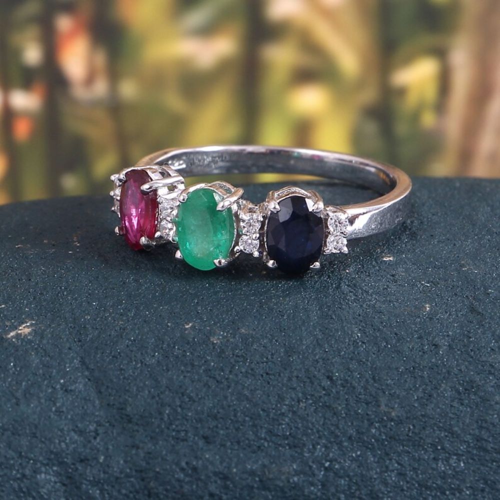 Precious Multi Gemstone (Emerald, Ruby, Blue Sapphire) Silver Ring Oval Shape