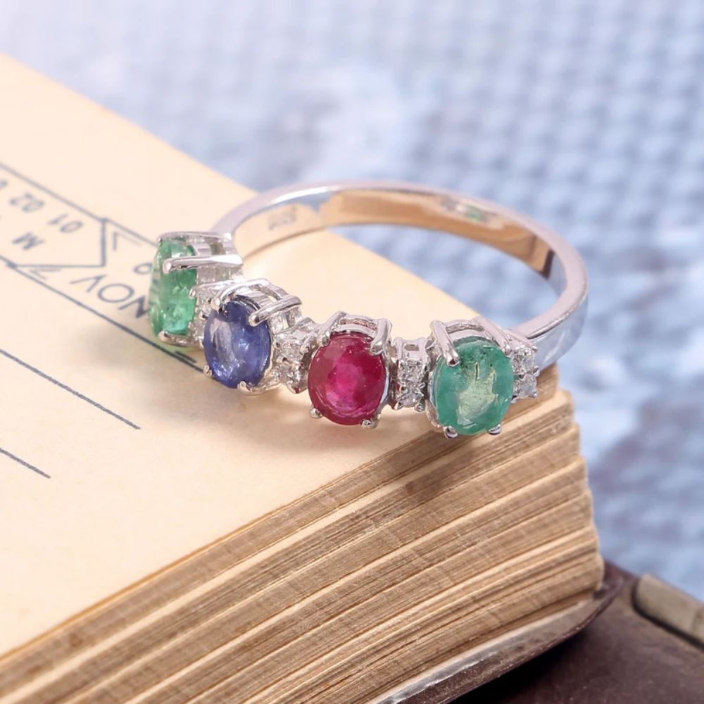 Precious Multi Gemstone (Emerald, Ruby, Blue Sapphire) Silver Ring Stone Oval Shape
