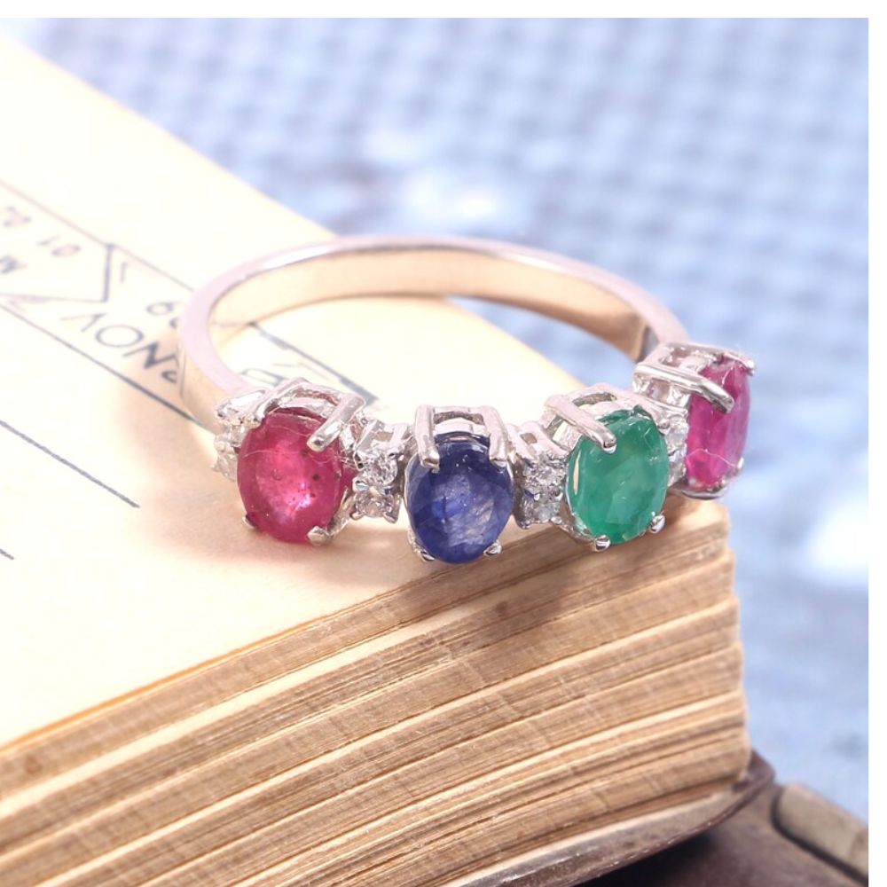 Precious Multi Gemstone (Emerald, Ruby, Blue Sapphire) Silver Ring