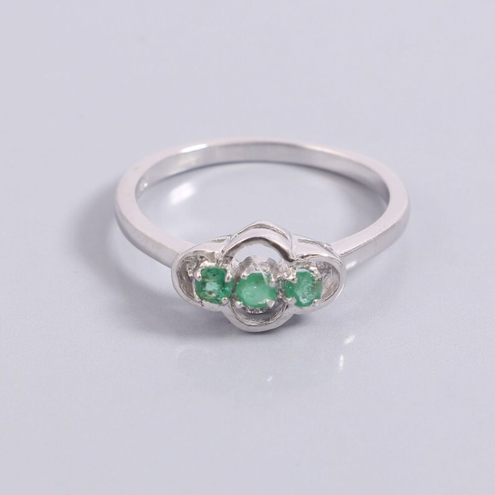 Genuine Real Emerald 3 Stone Sterling Silver Ring