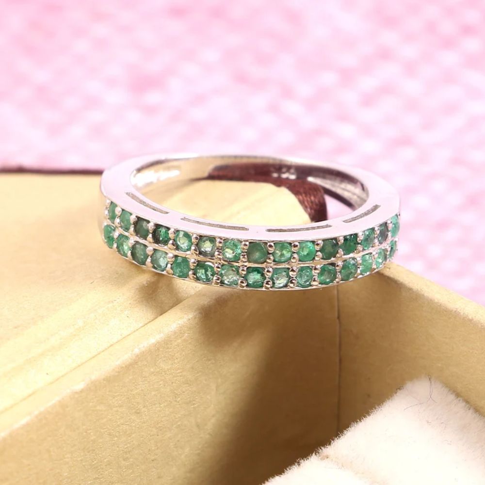 925 Sterling Silver Emerald Round Band Ring, Stackable Band Round Wedding Ring