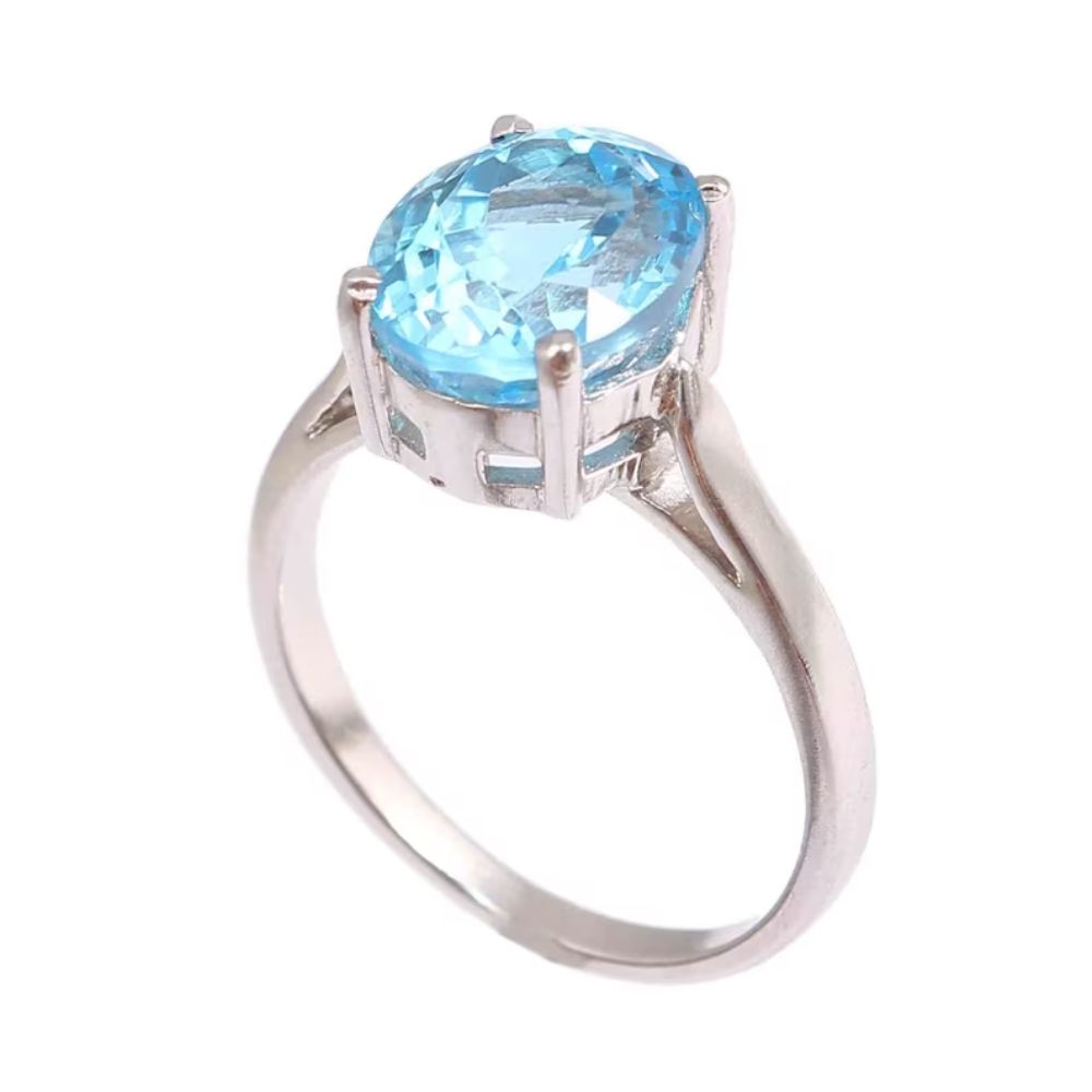 Solid 925 Sterling Silver Ring Natural Gemstone Swiss Blue Topaz Ring Stone Oval