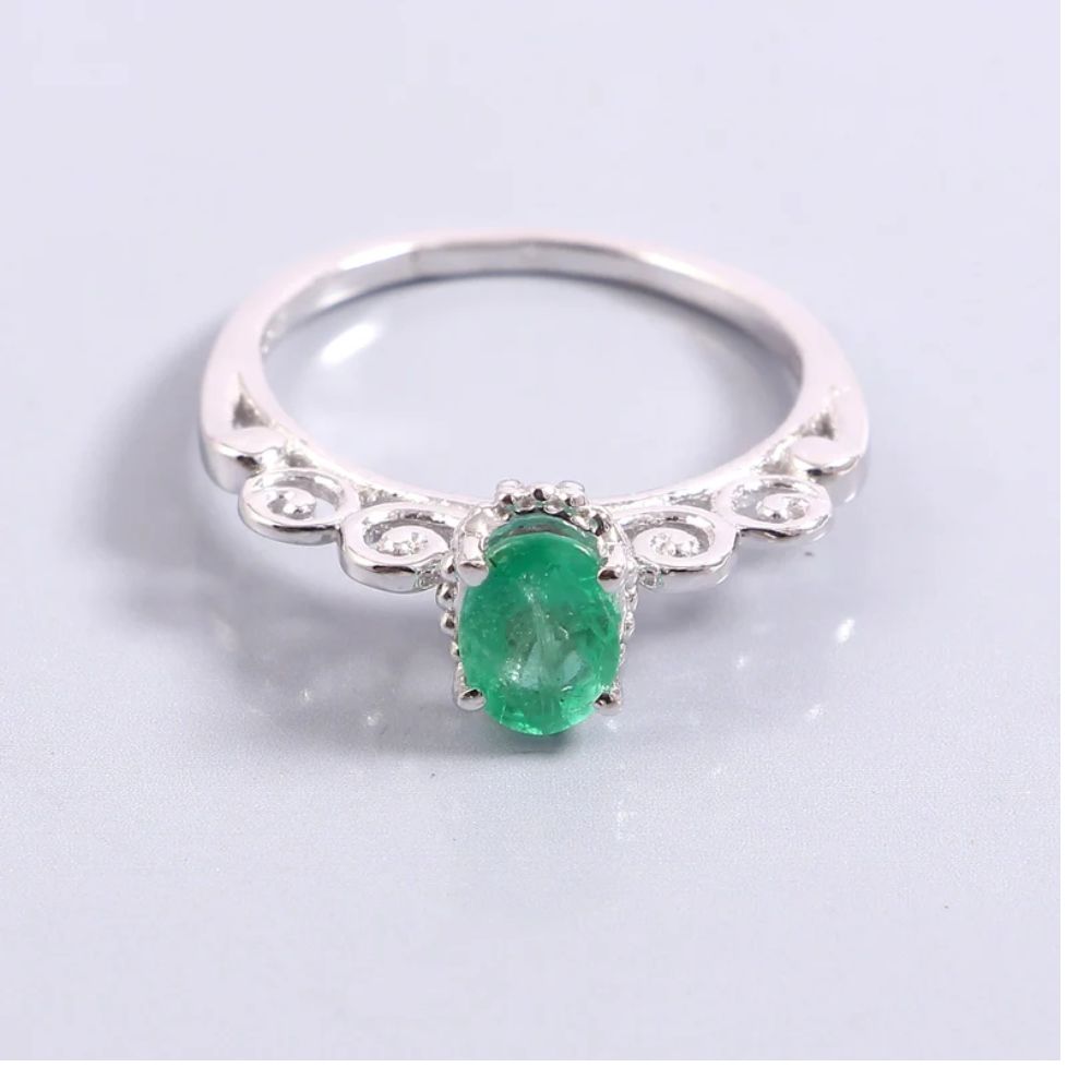 Natural Emerald Trilogy Ring in 925 Sterling Silver- Engagement Ring - Handmade Ring