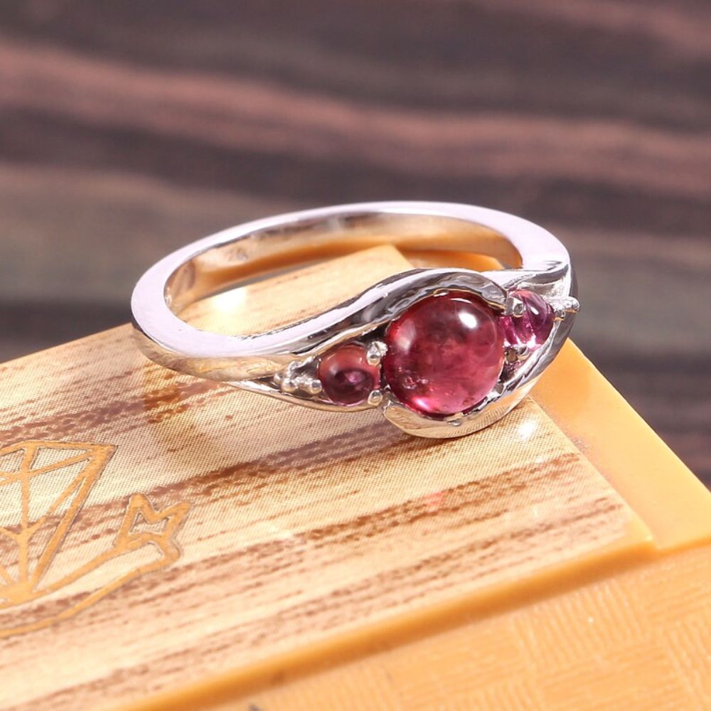 Natural Pink Tourmaline (3 Piece) Gemstone Silver Ring Stone Round Shape