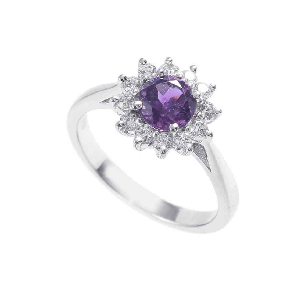 Amethyst ring, set with Zircon, solid Sterling Silver, stunning sparkle and very feminine Helo Ring