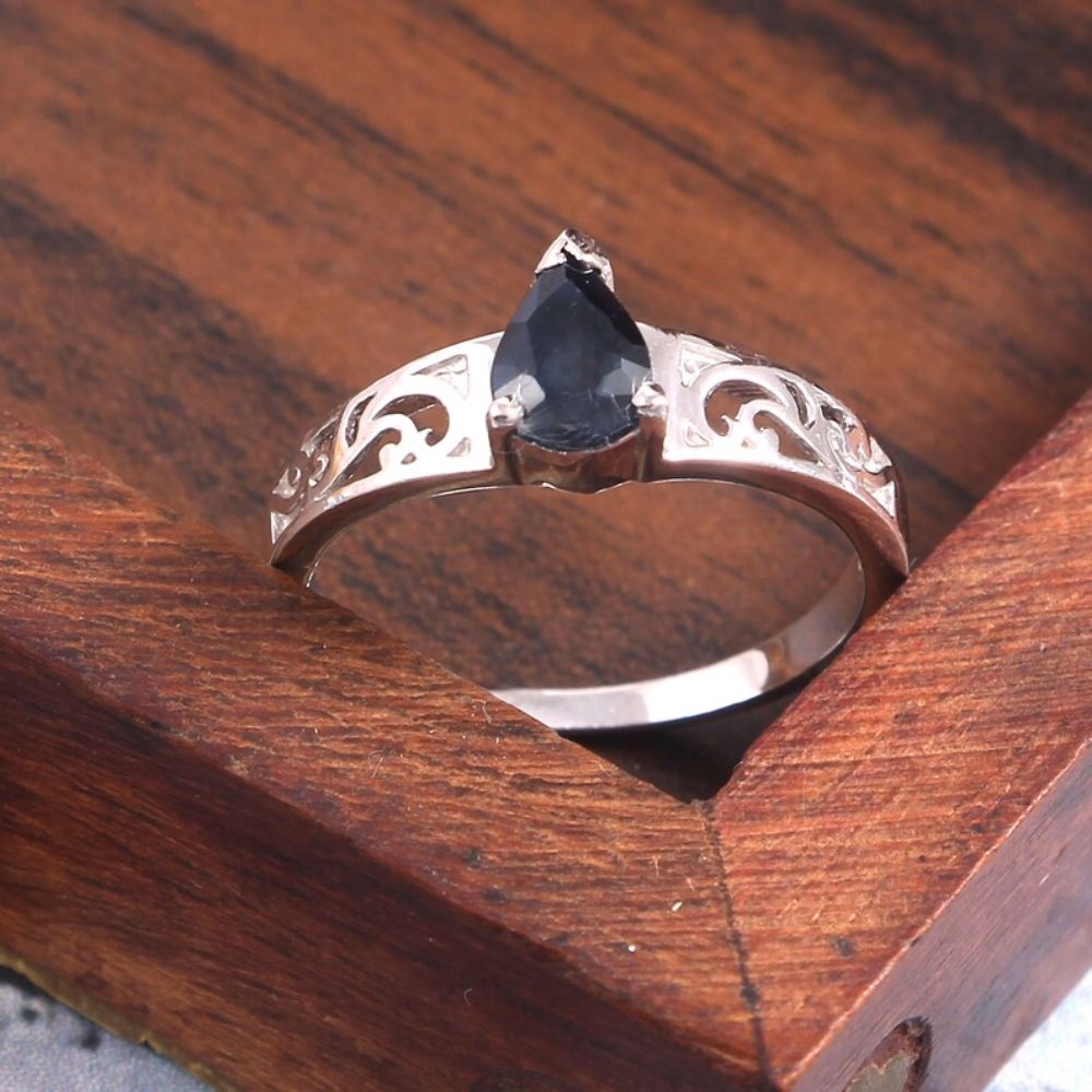 Blue Sapphire Wedding Ring September Birthstone Ring Pear Cut Blue Gemstone Sterling Silver