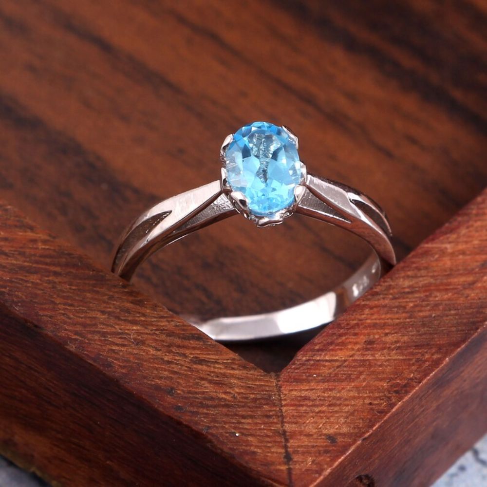 Swiss Blue Topaz Ring Stone Oval Shape 925 Sterling Silver Jewelry Engagement Ring