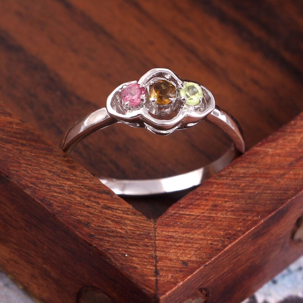 Multi Tourmaline Ring (3 Gemstone)Round Shape 925 Sterling Silver Jewelry