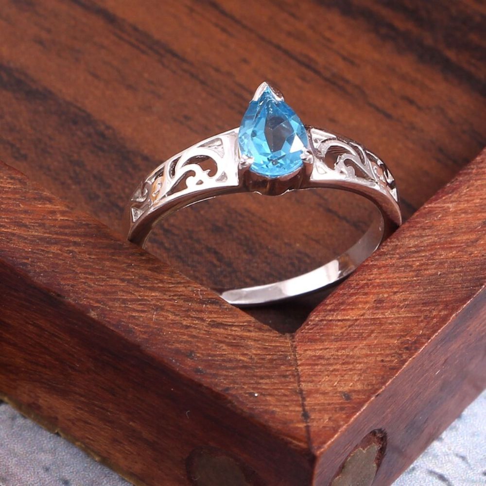 Genuine Swiss Blue Topaz Solitaire Sterling Silver Engagement Promise Ring Stone Pear Shape