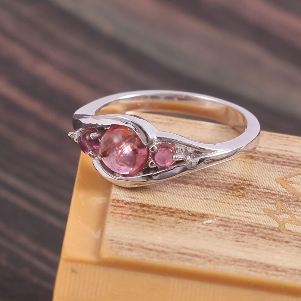 Natural Pink Tourmaline (3 Piece) Gemstone Silver Ring Gemstone Pink 