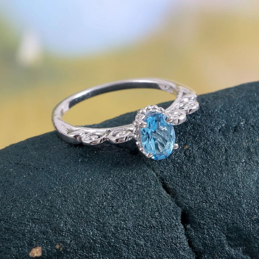 925 Sterling Silver Jewelry Gemstone Ring Swiss Blue Topaz Oval Shape