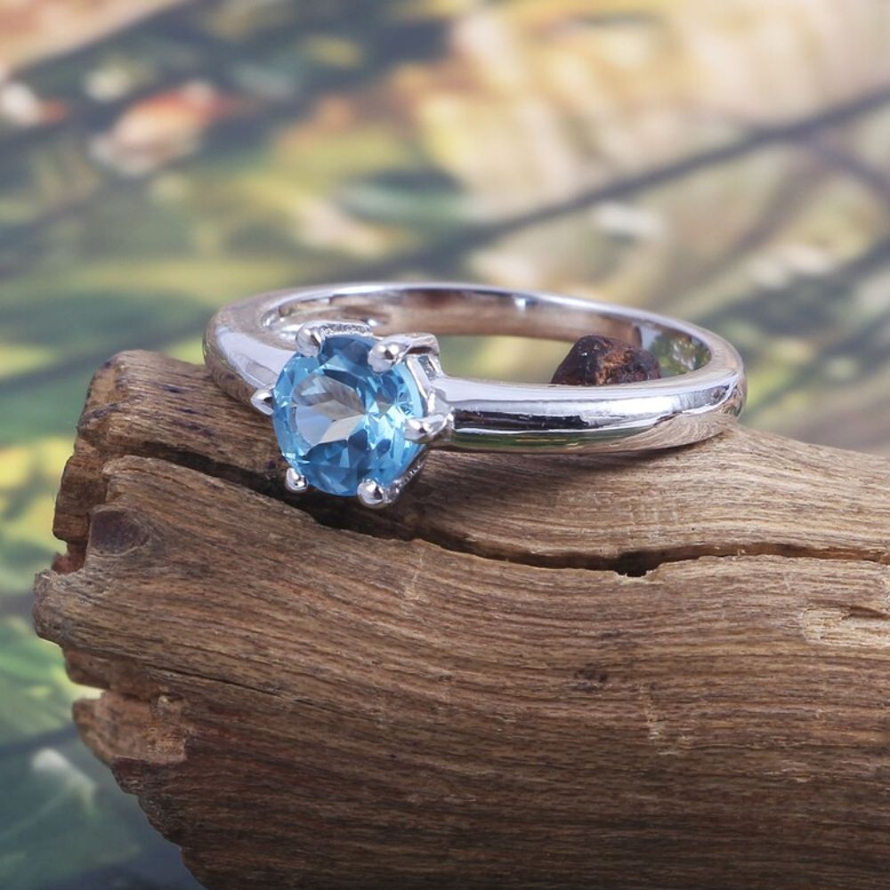 925 Sterling Silver Jewelry Swiss Blue Topaz Ring Gemstone  Round Shape