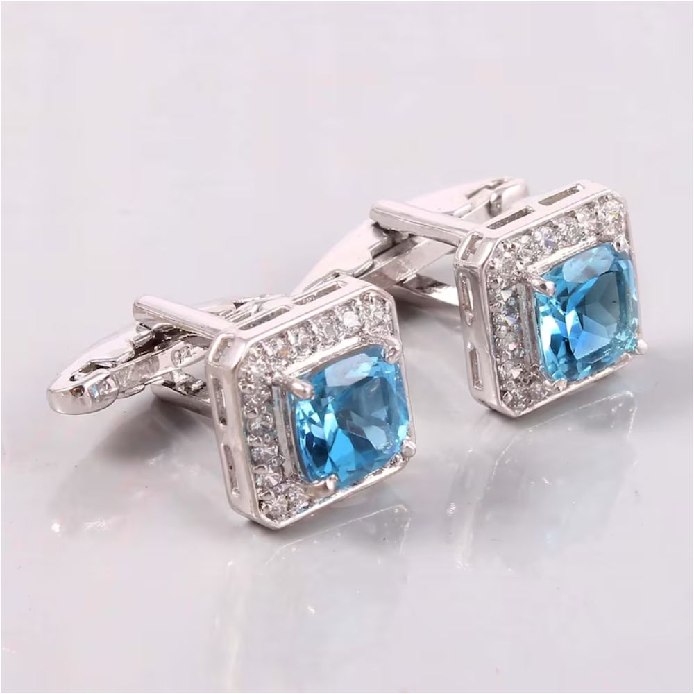 Cuff-links With Gemstone Swiss Blue Topaz Size 8X8 mm Square Cushion Shape 