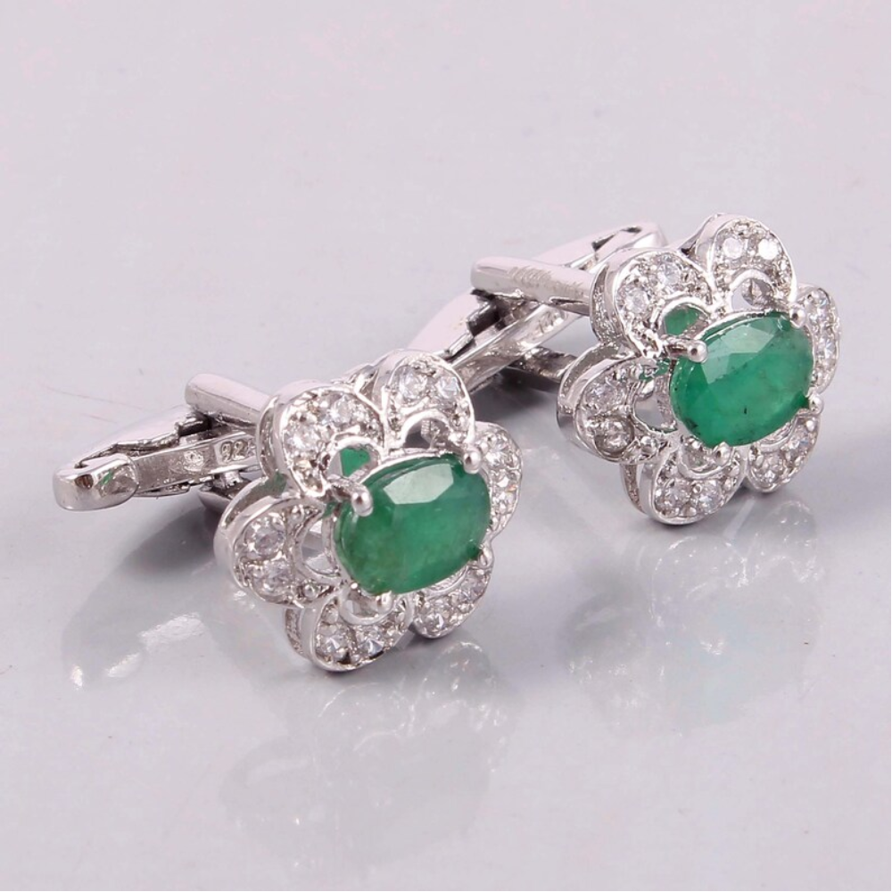 Natural Emerald Size 7X5 mm Wedding Cuff-links 925 Sterling Silver Jewelry 10031-CL
