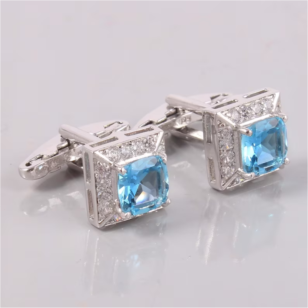 Genuine Swiss Blue Topaz Size 8X8 MM Cushion Shape Cuff-links Steampunk Vintage