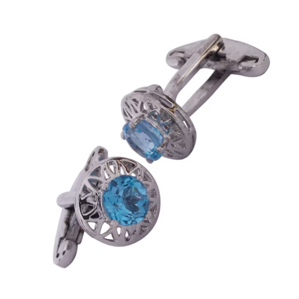 925 Sterling Silver Cuff lings Round Shape Gemstone Sky Blue Topaz Cuff-link Jewelry