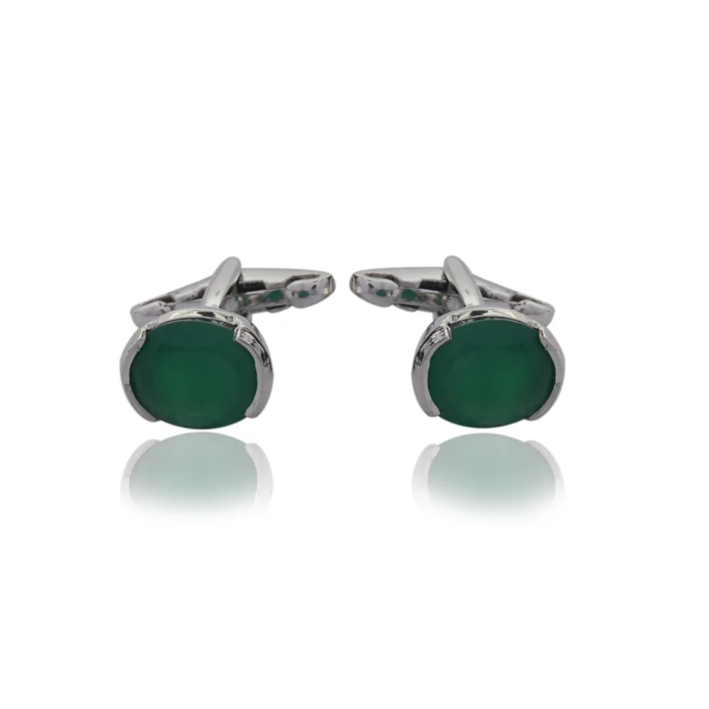 925 Sterling Silver Cuff-links Oval Shape Green Onyx Gemstone Jewelry Cuff-links