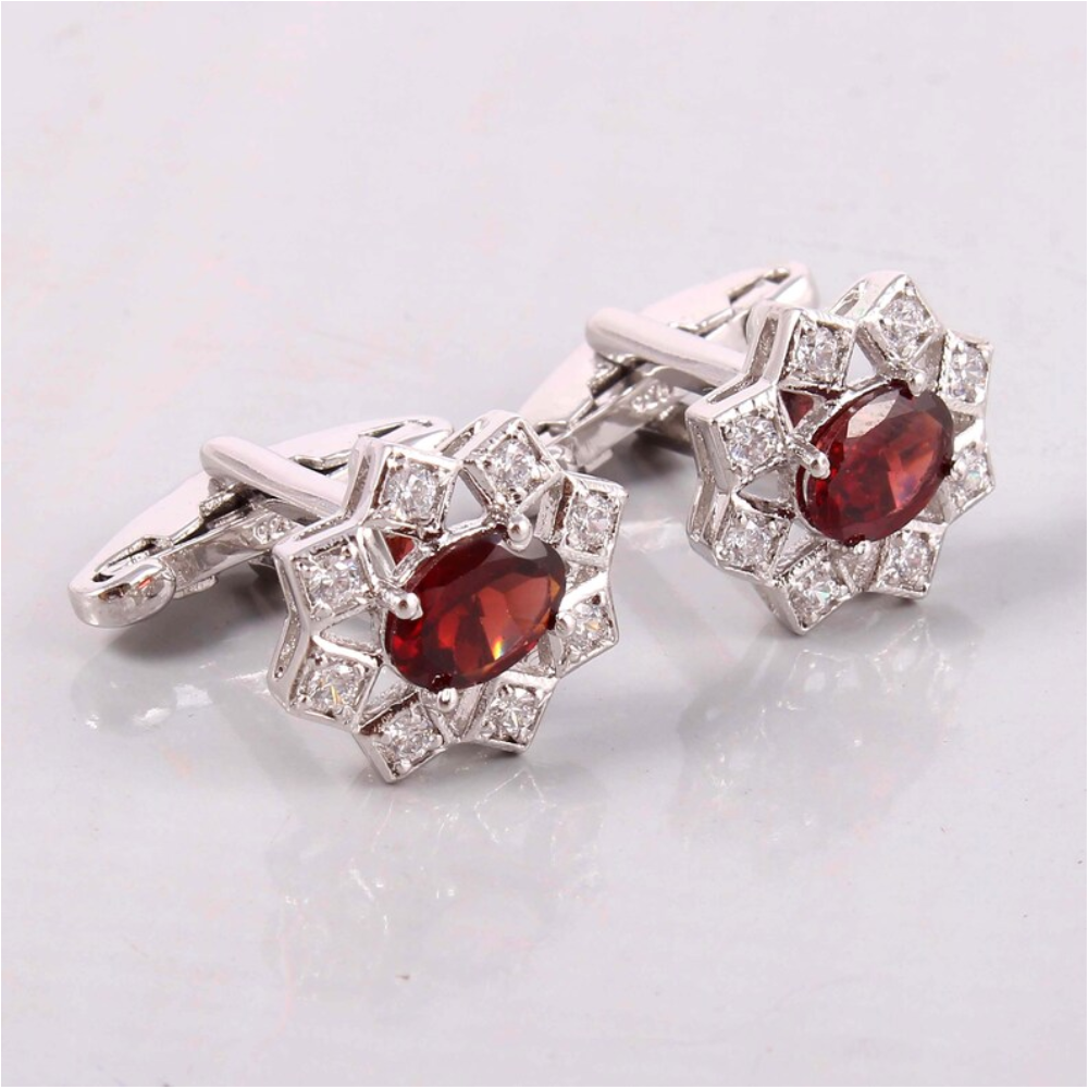 Red Garnet Cufflinks Size 7X5 mm Oval Shape 925 Sterling Silver 