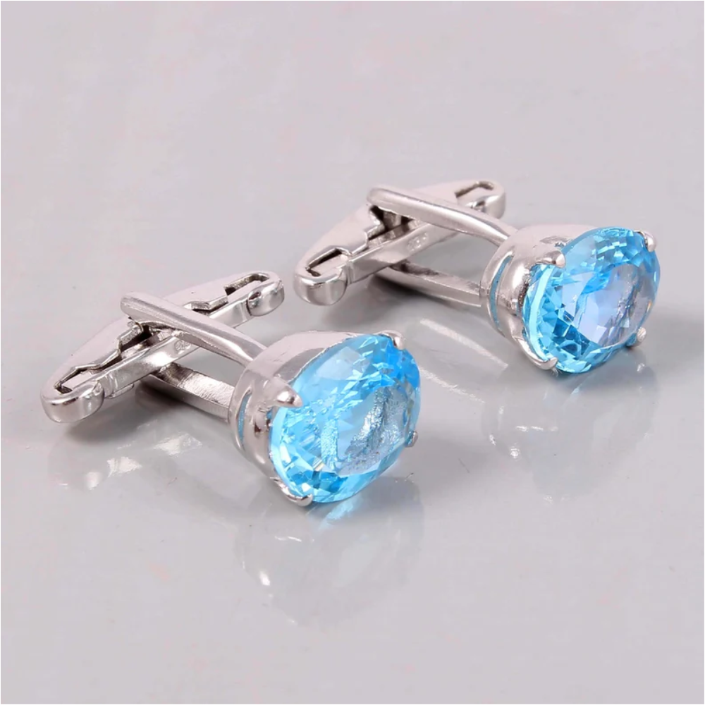 Anniversary Gift Mens Jewelry Cufflinks Gemstone Swiss Blue Topaz  Oval Shape