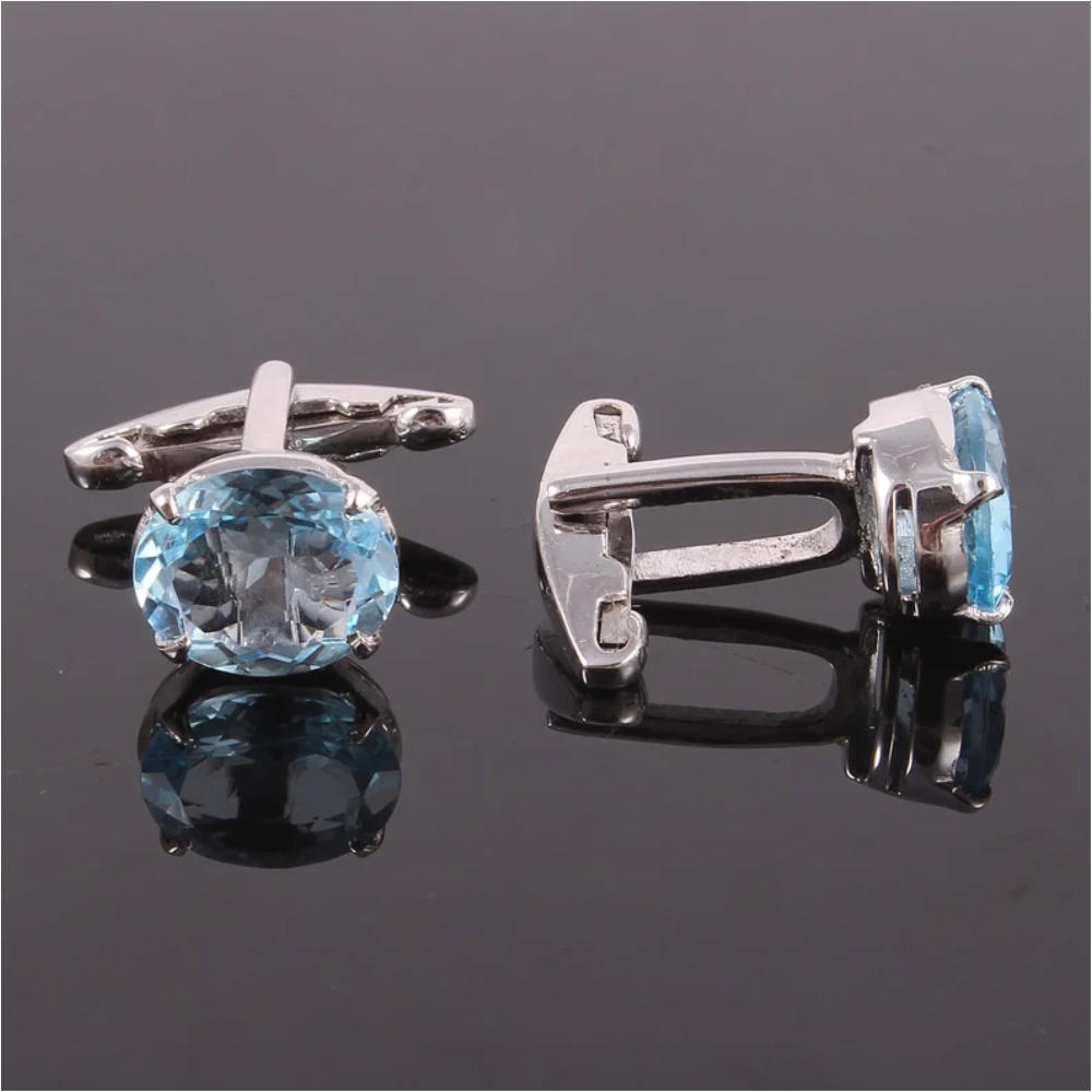 Swiss Blue Topaz Gemstone Cufflinks Stone Oval Shape 925 Sterling Silver