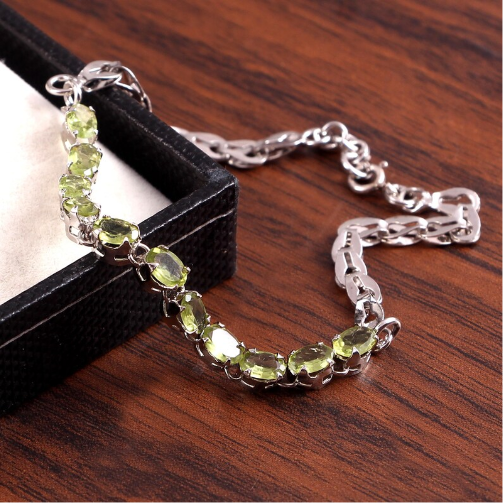 925 Sterling Silver Jewelry- Gemstone Bracelet- Natural Peridot- Tennis Bracelet-Stone Oval Shape