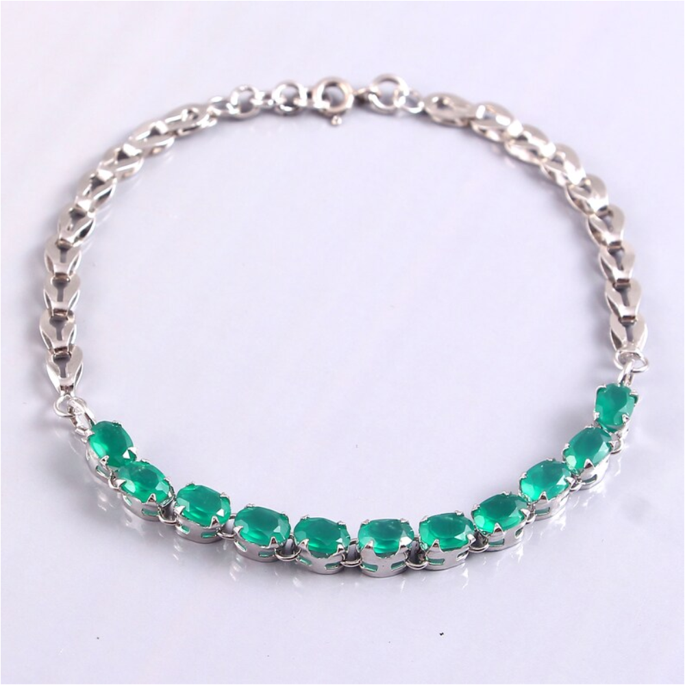 Natural Green Onyx Tennis Bracelet- Gemstone Oval Shape- 925 Sterling Silver Jewelry