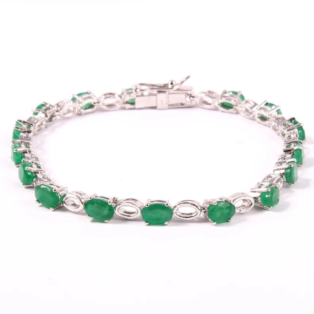 Emerald Bracelet 925 Sterling Silver Bracelet Tennis Bracelet Stone Emerald Oval Cut
