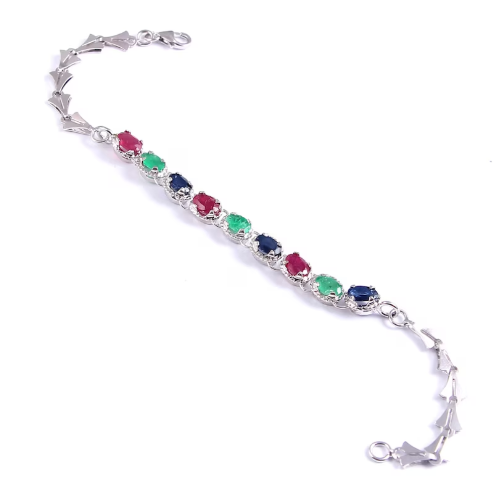 Gemstone Bracelet Precious Multi Stone (Emerald, Blue Sapphire, Ruby)  Oval Shape